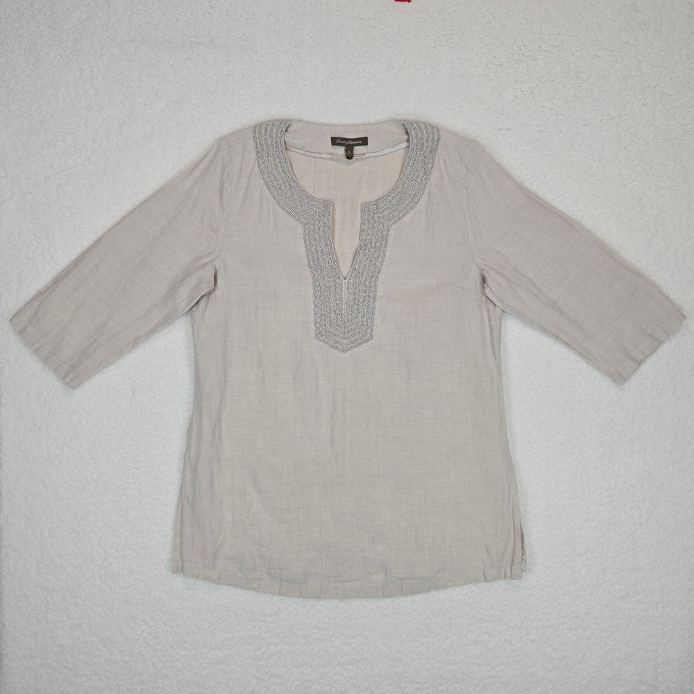 Tommy Bahama Two Palms Beaded Linen Tunic Top Tan Split Neck Women's Medium